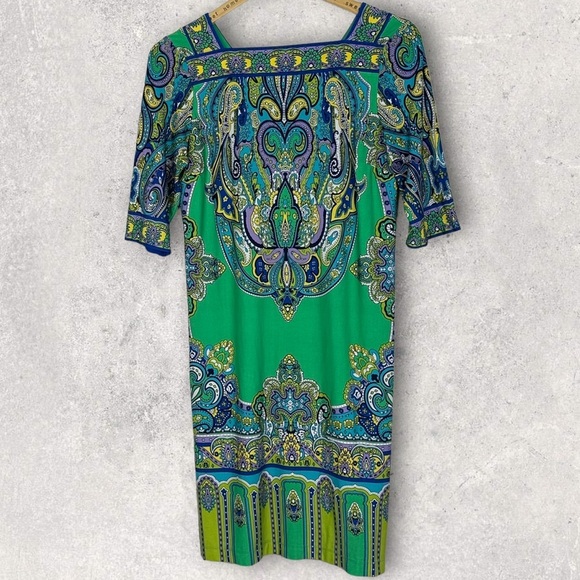 Studio One New York Green‎ Midi Dress Size 6 Stretch Boho Print 3/4 Length Boho - Picture 10 of 11